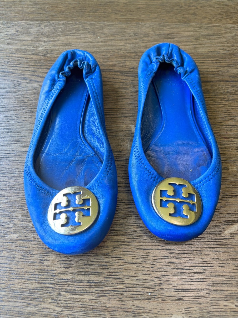 Tory Burch Royal Blue Leather Logo Ballet Flats with Gold Medallions